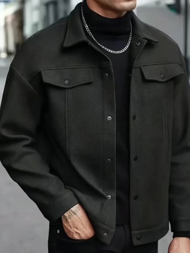 Men’s Classic Black Bomber Jacket – Loose Fit Button-Up Fall/Winter Outerwear