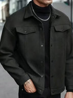 Men’s Classic Black Bomber Jacket – Loose Fit Button-Up Fall/Winter Outerwear