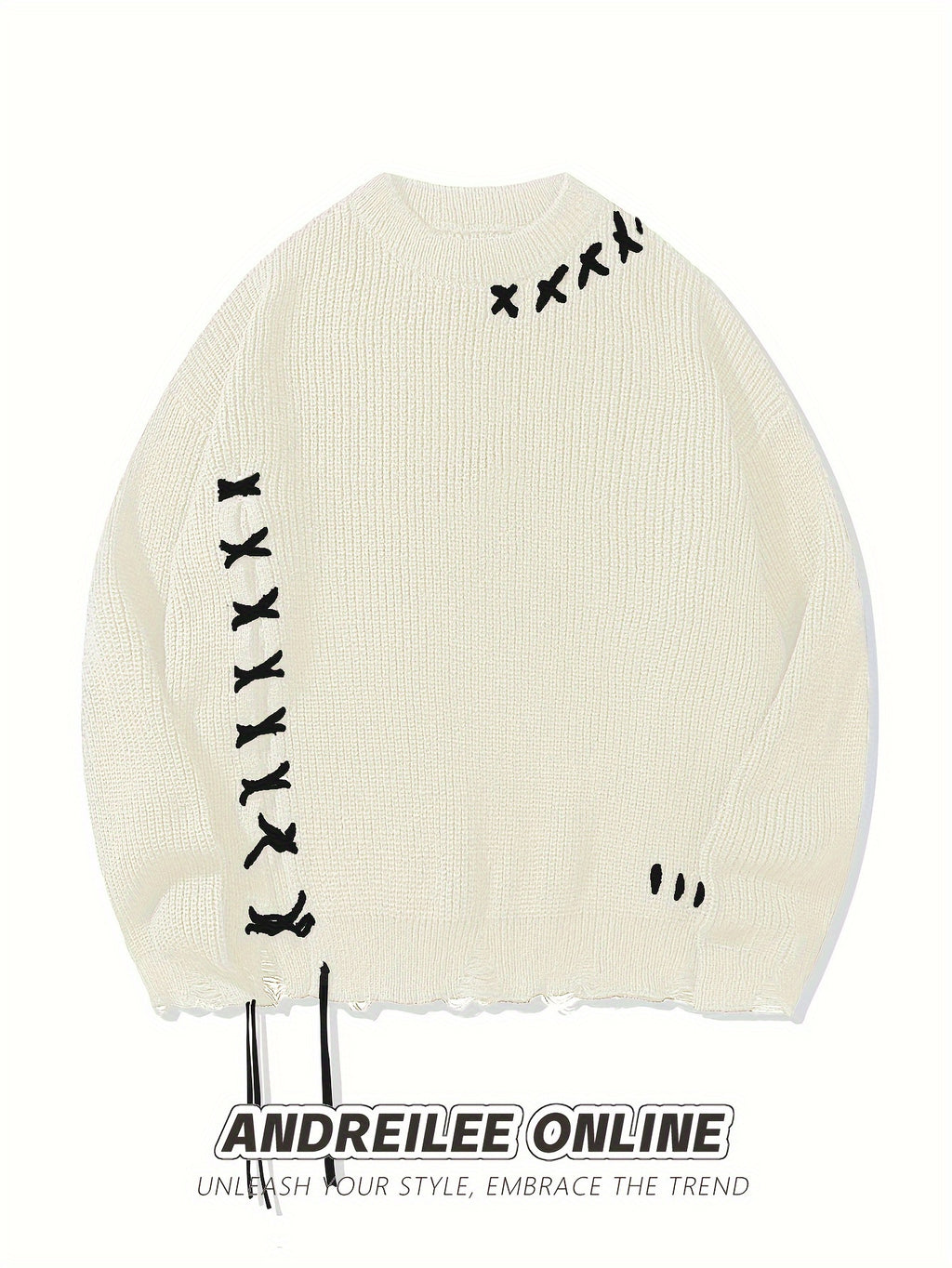 Unisex Distressed Sweater – Frayed Hem & Sleeves Loose Knit Street Pullover