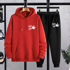 Plus Size Men’s Leaf & Roll Up Print Hoodie + Sweatpants Set