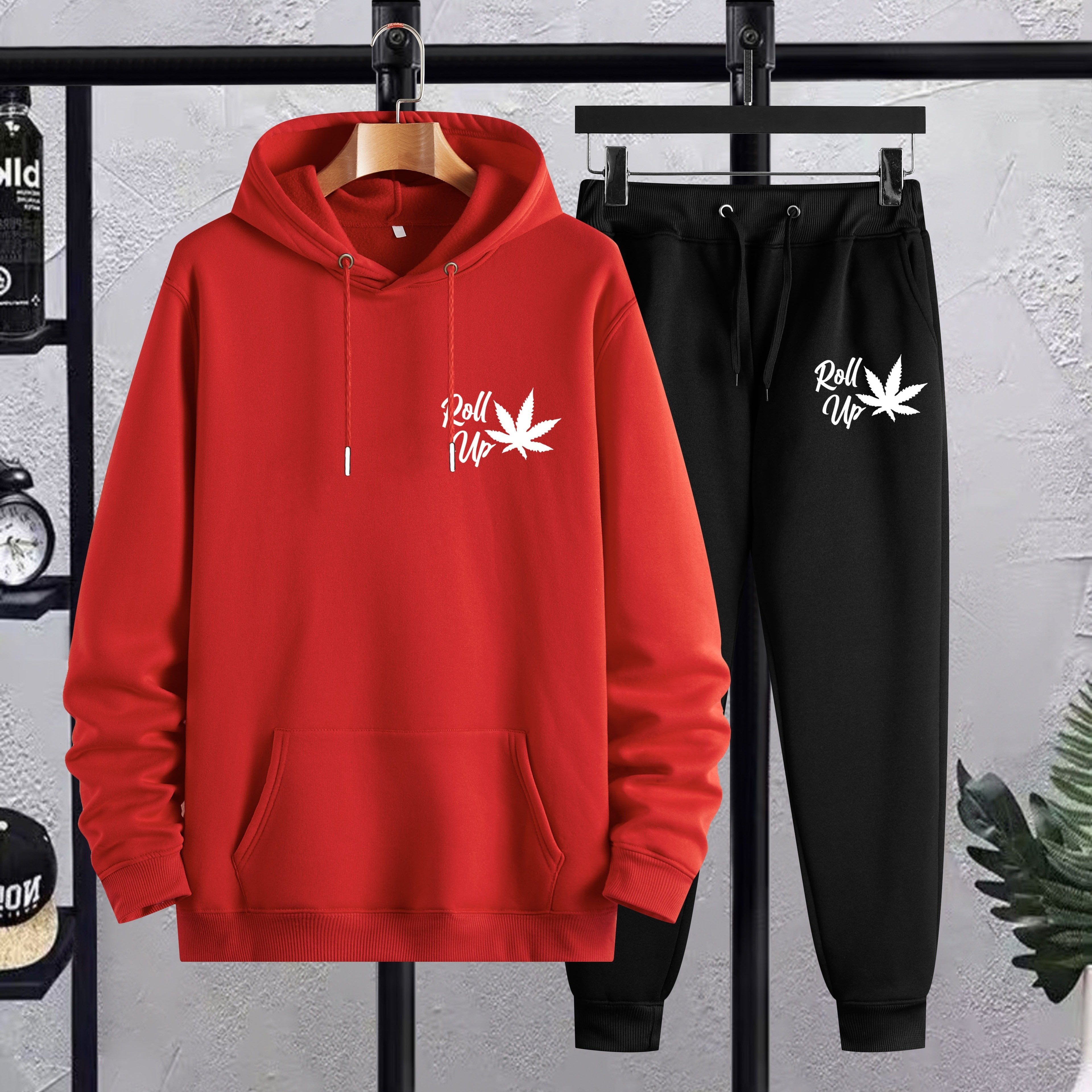 Plus Size Men’s Leaf & Roll Up Print Hoodie + Sweatpants Set