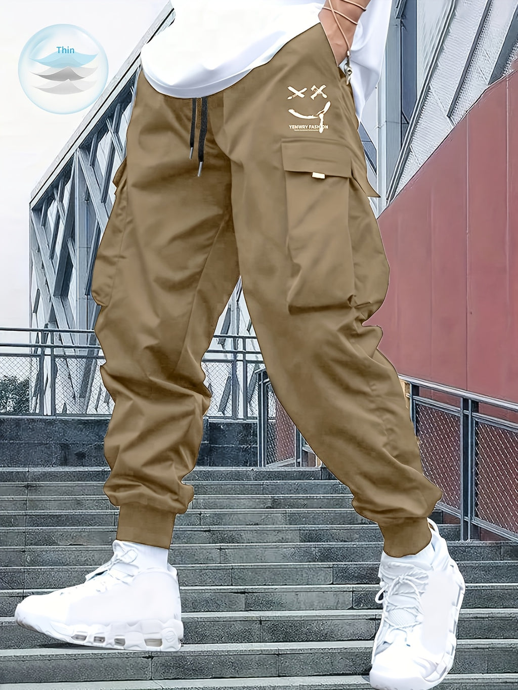Men’s Street Style Oversized Footed Cargo Pants – Drawstring Waist, Spring/Fall Comfort