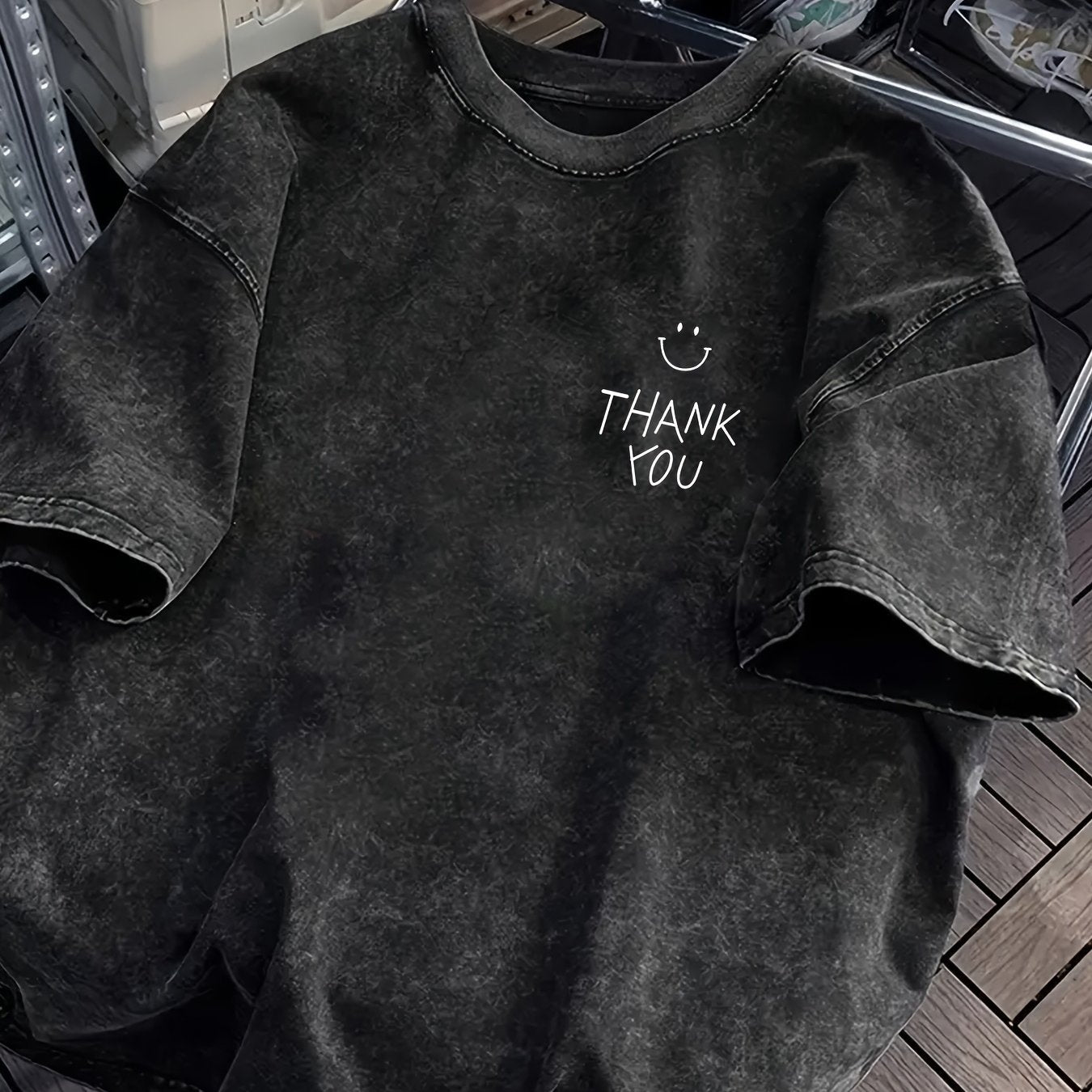 Men’s Heavyweight Vintage T-Shirt with Smile Graphic – Oversized Dark Grey Tee