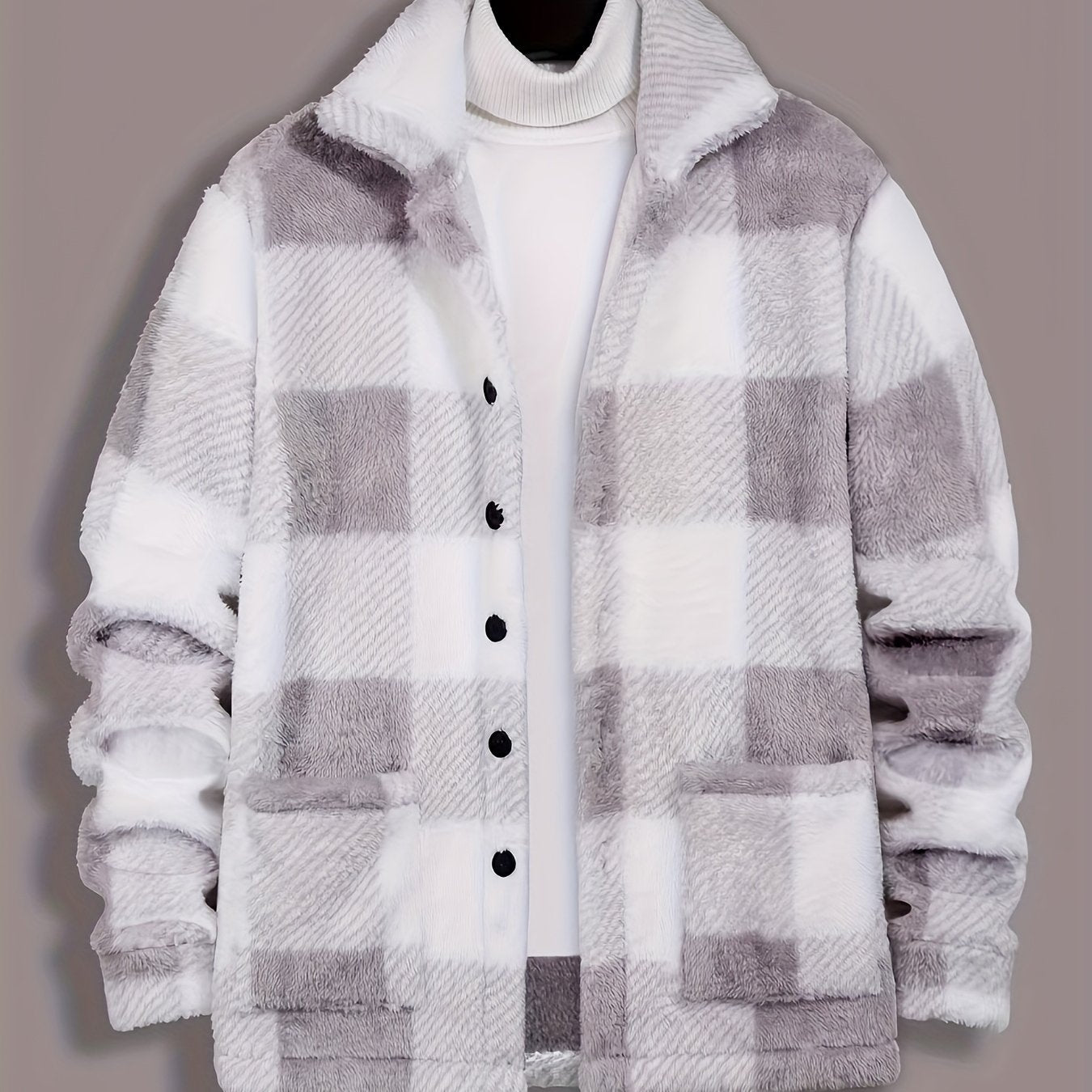 Men’s Plaid Plush Fleece Jacket – Black & White Button-Up Winter Outerwear