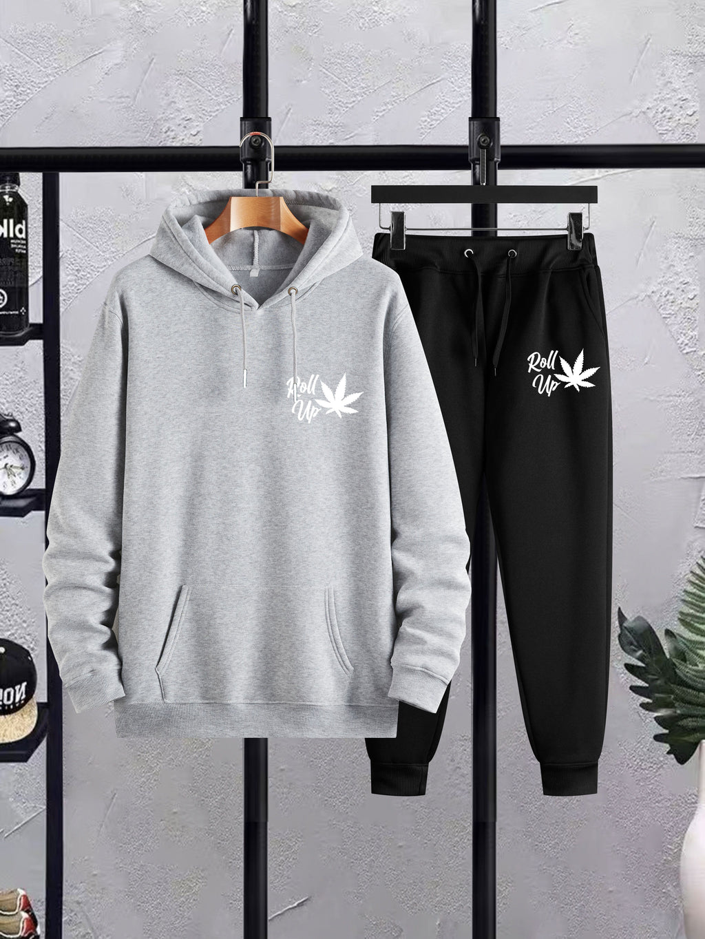 Plus Size Men’s Leaf & Roll Up Print Hoodie + Sweatpants Set