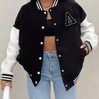 Women’s Black & Beige Letter A Baseball Jacket – Button-Up, Functional Pockets, Fall/Winter Outerwear