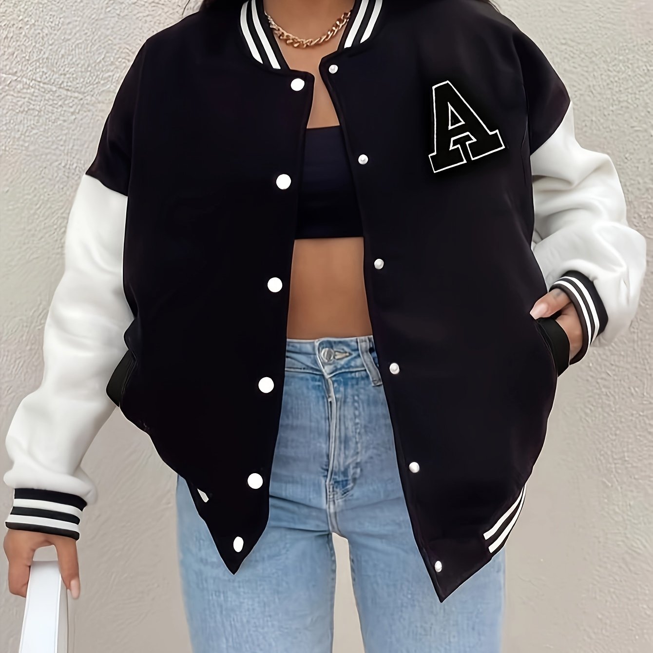 Women’s Black & Beige Letter A Baseball Jacket – Button-Up, Functional Pockets, Fall/Winter Outerwear