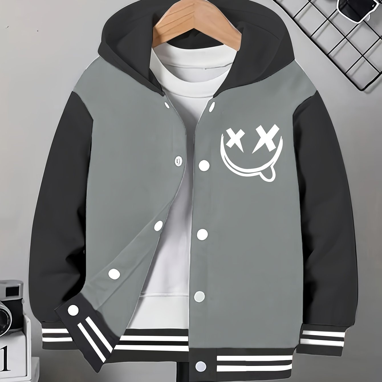 Funny Face Graphic Hoodie Jacket – Loose Fit Contrast Zip-Up Winter Outerwear