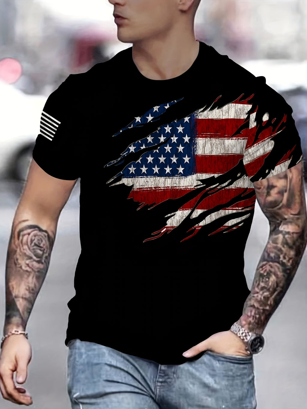 Men’s Oversized Flag Tee – Black Star & Stripe Print, 100% Cotton