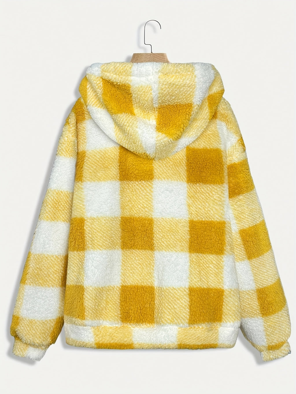 Women’s Checkered Plush Fleece Jacket – Mustard Yellow Zip-Up Winter Coat