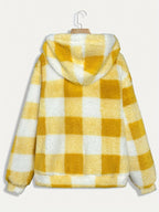 Women’s Checkered Plush Fleece Jacket – Mustard Yellow Zip-Up Winter Coat