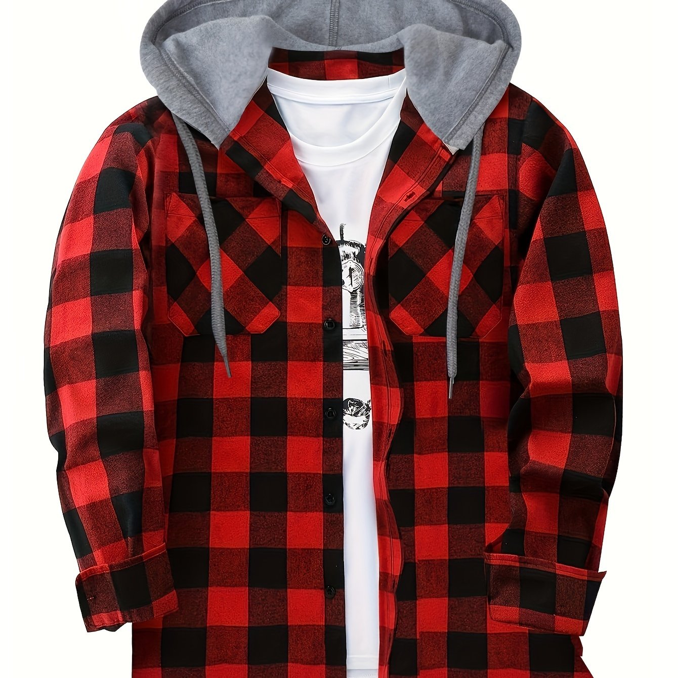 Men’s Plaid Hooded Jacket – Button-Front Checkered Fall/Winter Shirt Coat