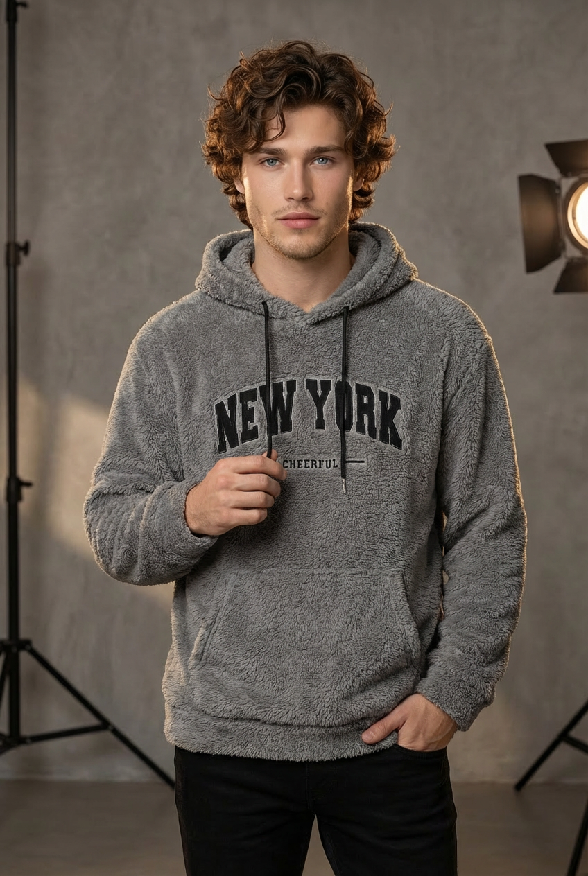 Men’s Cozy Fleece Hoodie – Loose Fit Drop-Shoulder “New York” Embroidered Pullover