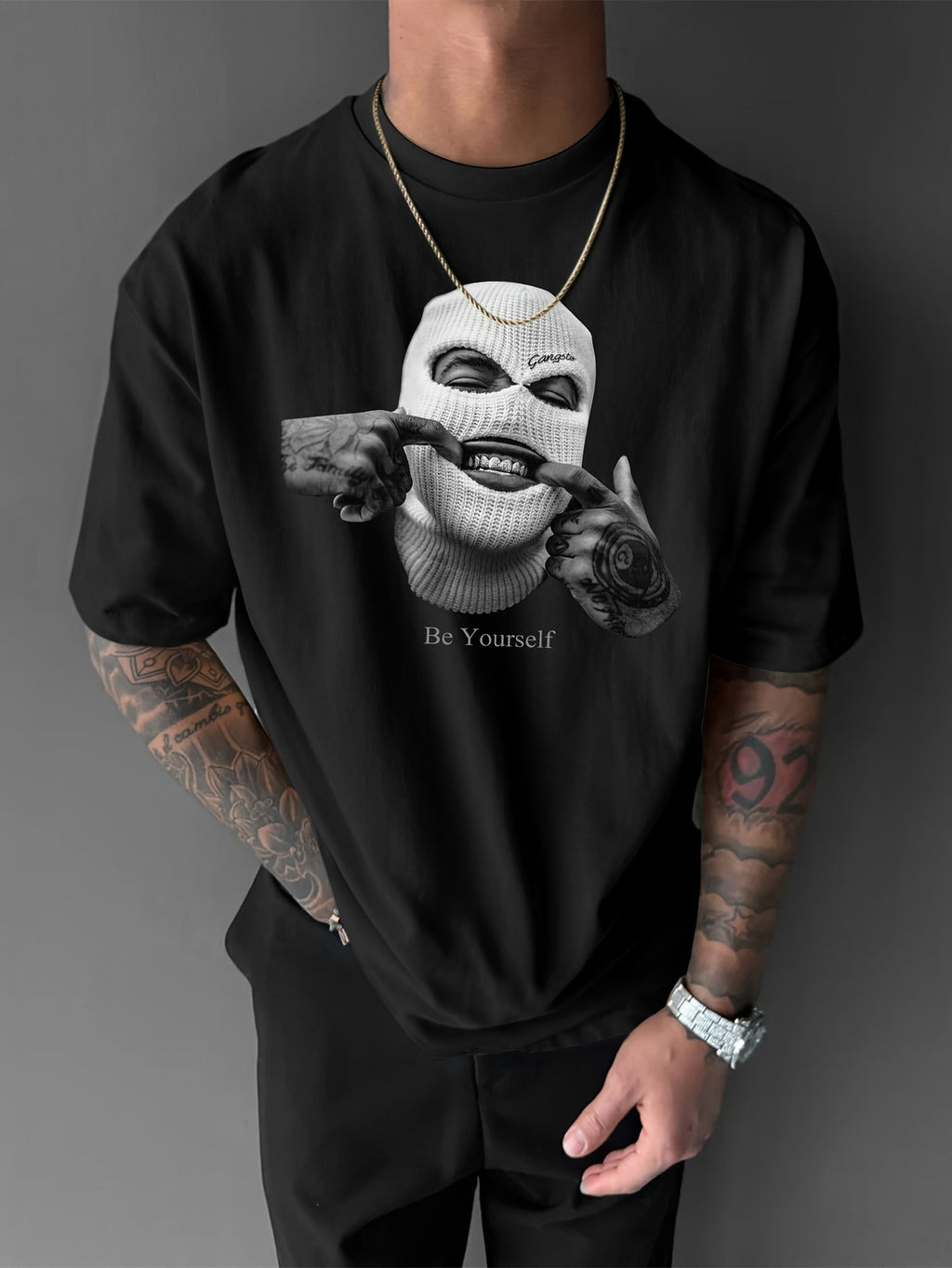 Men’s Loose Fit Graphic T-Shirt – Purple Knife & Smiling Face Print