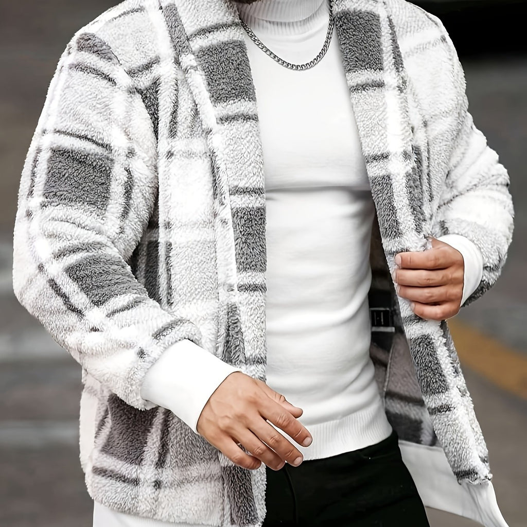 Men’s Plush Checkered Jacket – Black & Yellow Soft Thermal Fall/Winter Coat