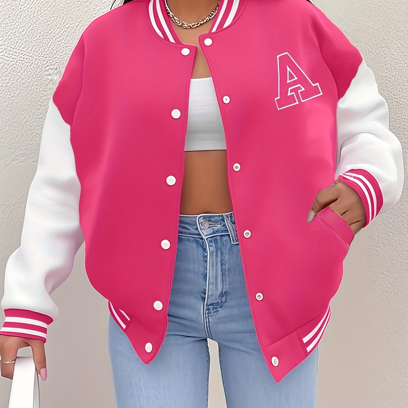 Women’s Black & Beige Letter A Baseball Jacket – Button-Up, Functional Pockets, Fall/Winter Outerwear