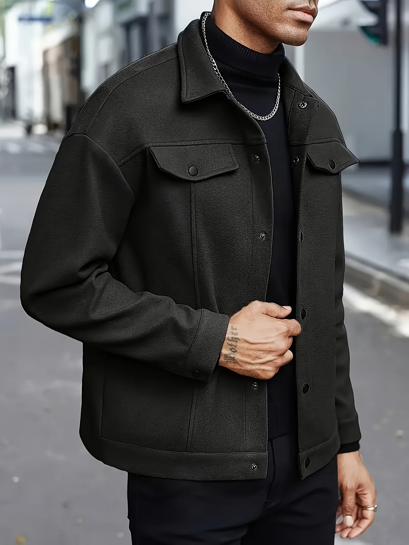 Men’s Classic Black Bomber Jacket – Loose Fit Button-Up Fall/Winter Outerwear