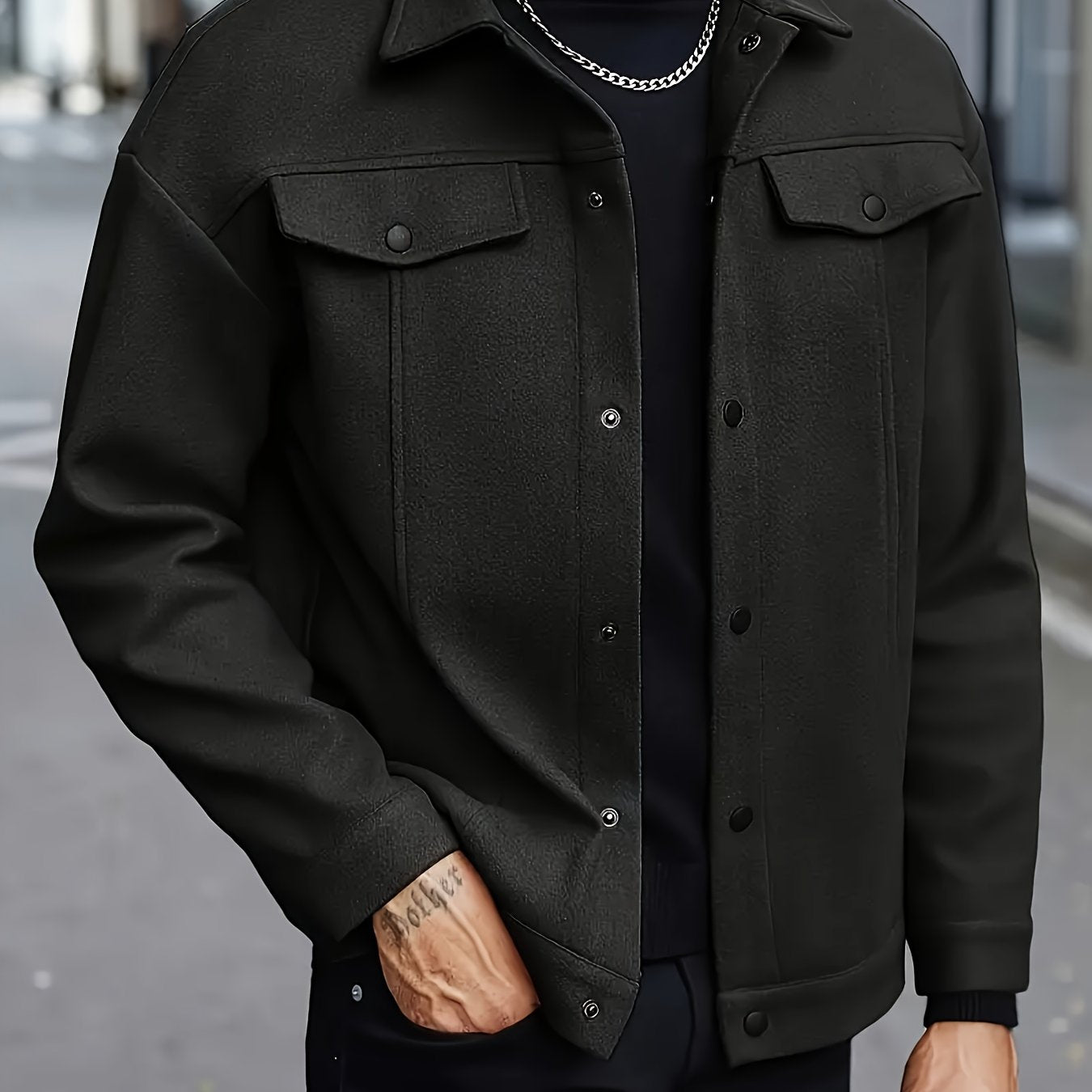 Men’s Classic Black Bomber Jacket – Loose Fit Button-Up Fall/Winter Outerwear