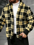 Men’s Plush Checkered Jacket – Black & Yellow Soft Thermal Fall/Winter Coat