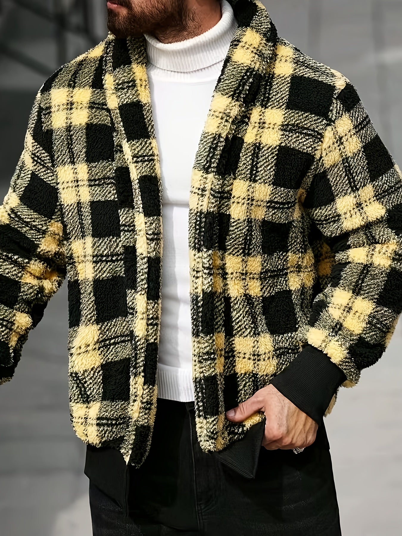 Men’s Plush Checkered Jacket – Black & Yellow Soft Thermal Fall/Winter Coat