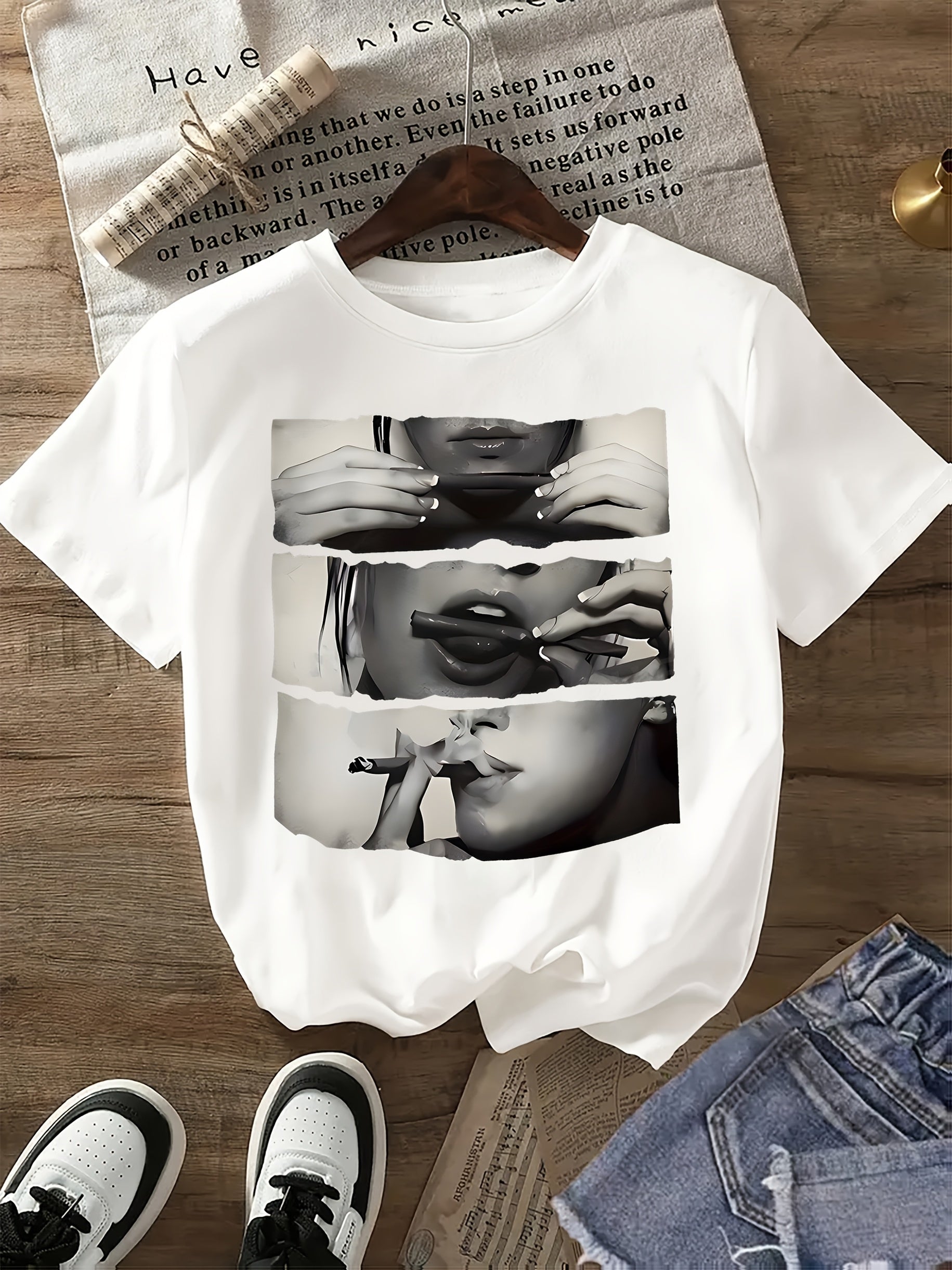 Women’s Black & White Portrait Print T-Shirt