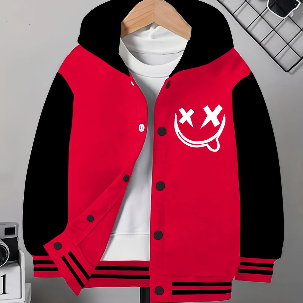 Funny Face Graphic Hoodie Jacket – Loose Fit Contrast Zip-Up Winter Outerwear