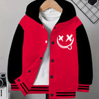 Funny Face Graphic Hoodie Jacket – Loose Fit Contrast Zip-Up Winter Outerwear