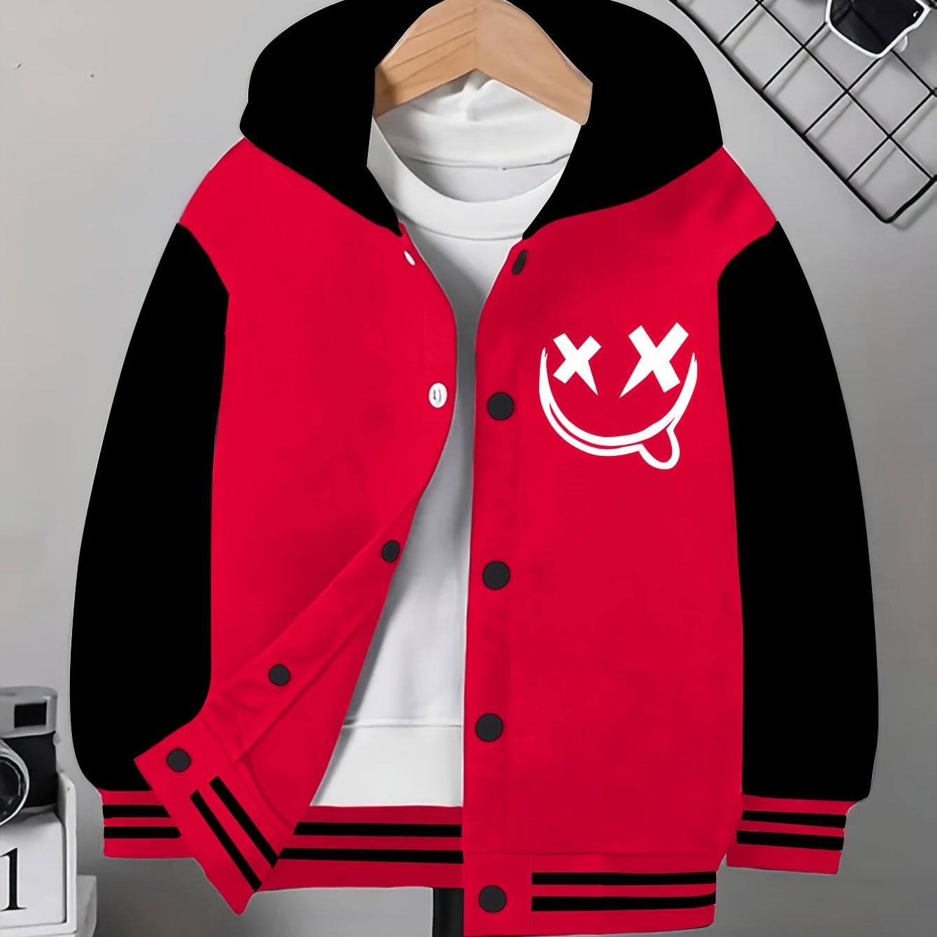 Funny Face Graphic Hoodie Jacket – Loose Fit Contrast Zip-Up Winter Outerwear