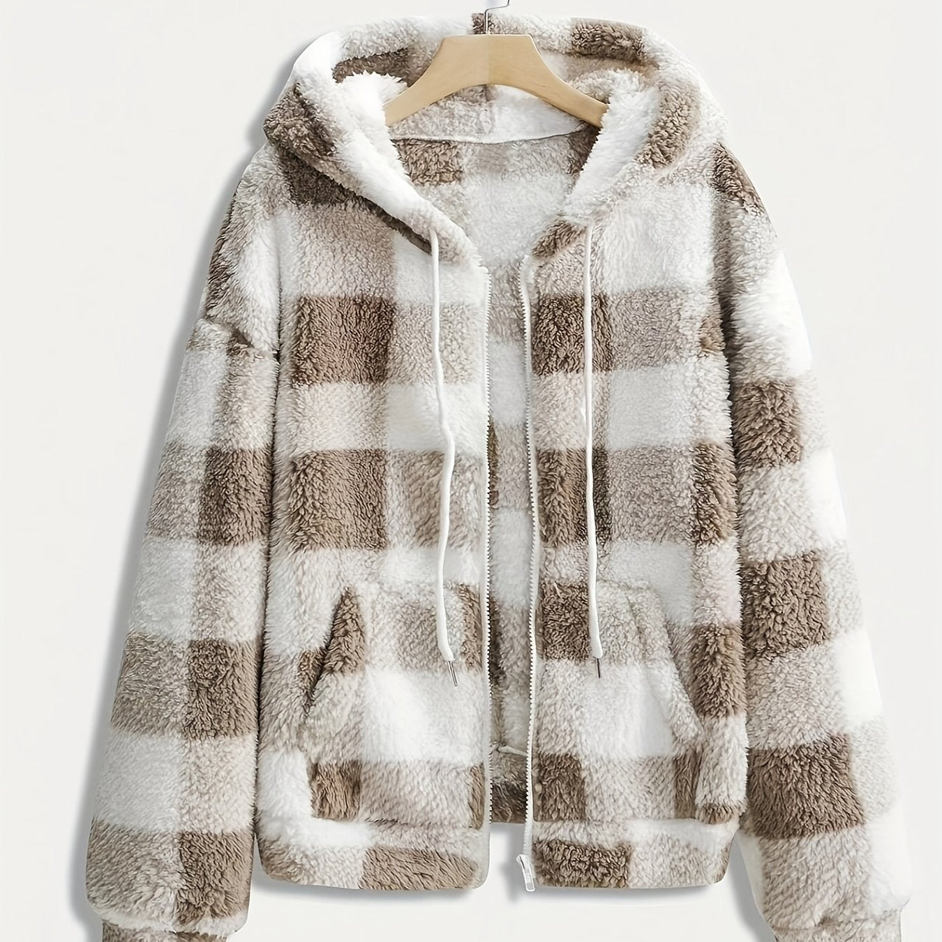 Women’s Checkered Plush Fleece Jacket – Mustard Yellow Zip-Up Winter Coat