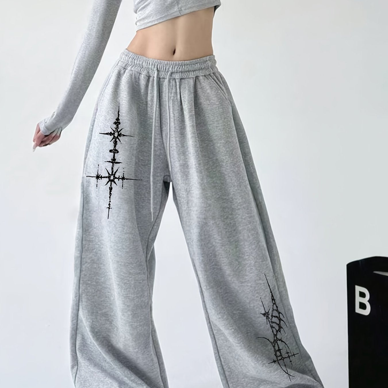 Women’s Cross-Print Joggers – Light Gray Polyester Straight-Leg Pants (Spring/Fall)
