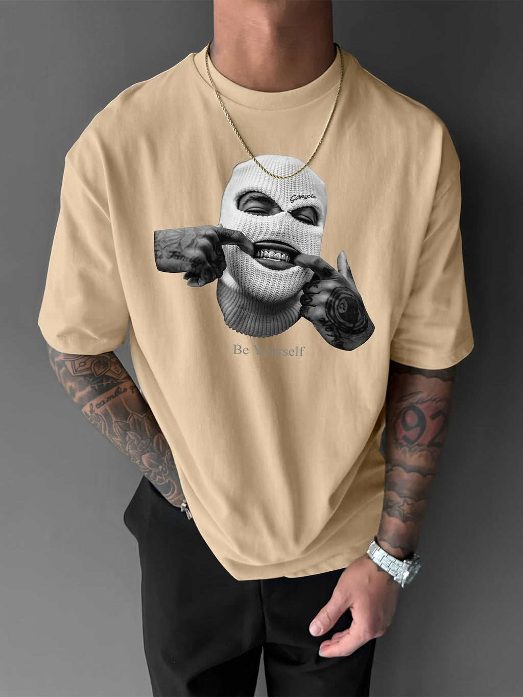 Men’s Loose Fit Graphic T-Shirt – Purple Knife & Smiling Face Print