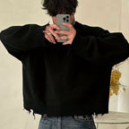 Men’s Black Distressed Fringe Sweater – Oversized Streetwear Long Sleeve Pullover