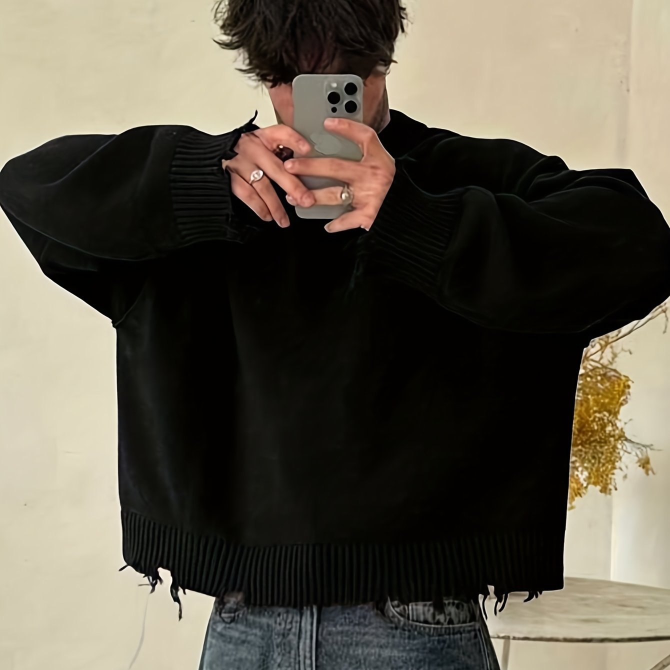 Men’s Black Distressed Fringe Sweater – Oversized Streetwear Long Sleeve Pullover