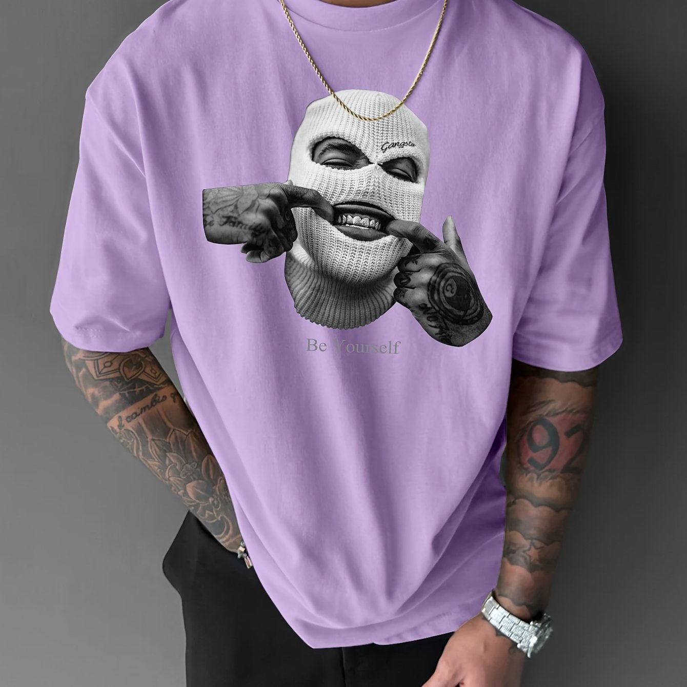 Men’s Loose Fit Graphic T-Shirt – Purple Knife & Smiling Face Print