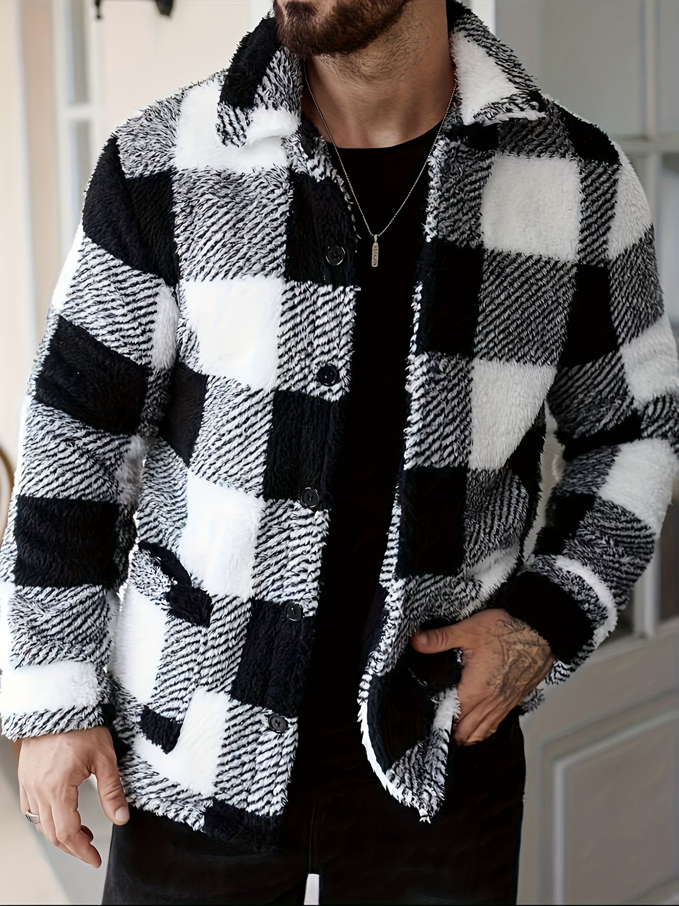 Men’s Plaid Plush Fleece Jacket – Black & White Button-Up Winter Outerwear