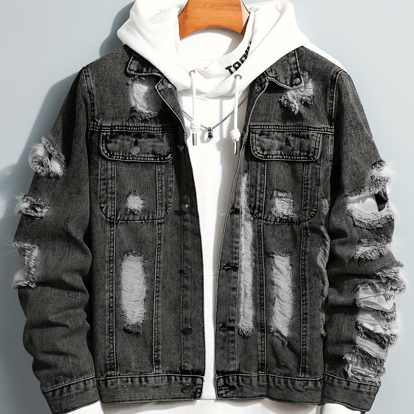 Men’s Distressed Slim-Fit Denim Jacket – Frayed Streetwear Workwear