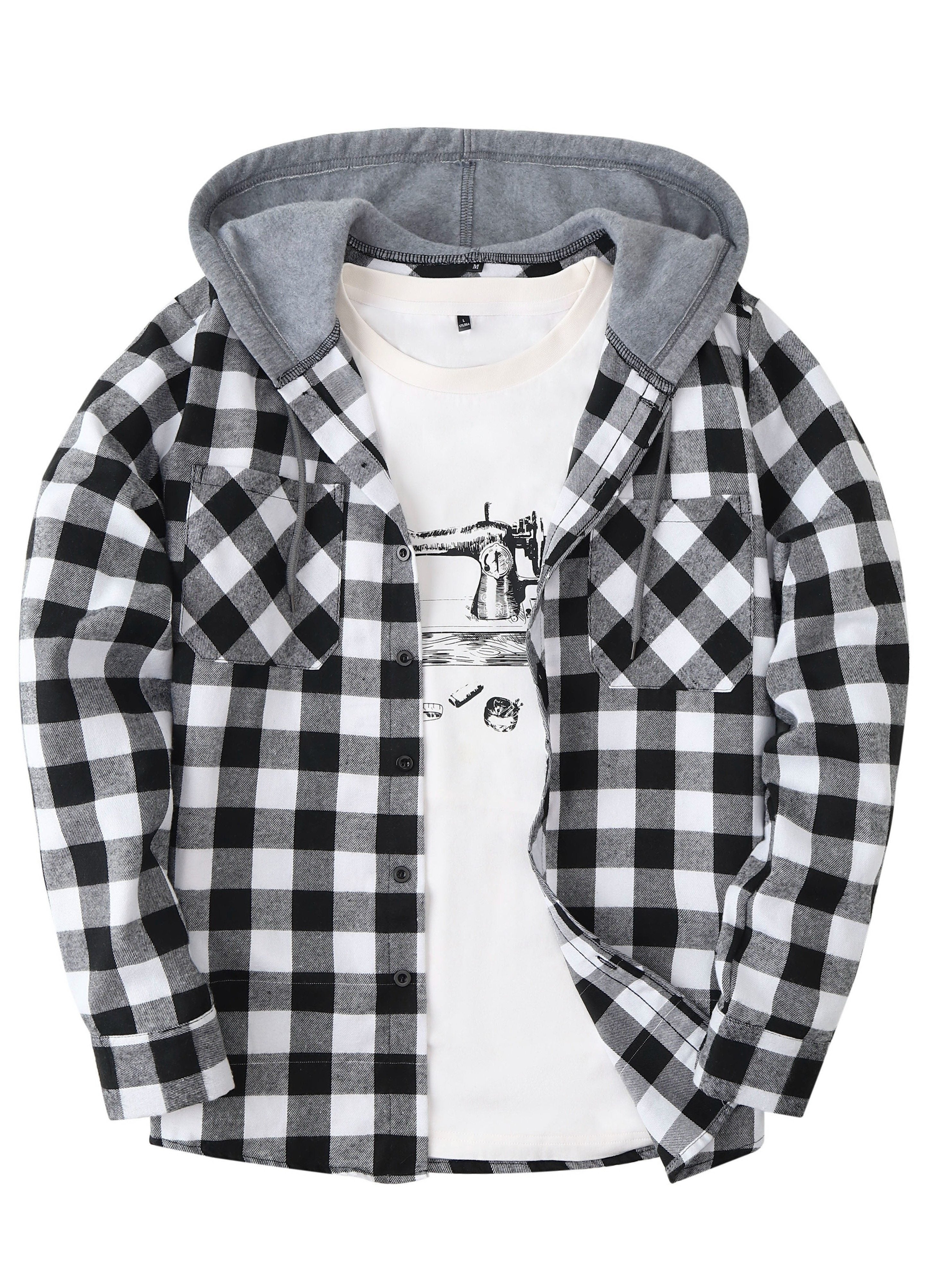 Men’s Plaid Hooded Jacket – Button-Front Checkered Fall/Winter Shirt Coat