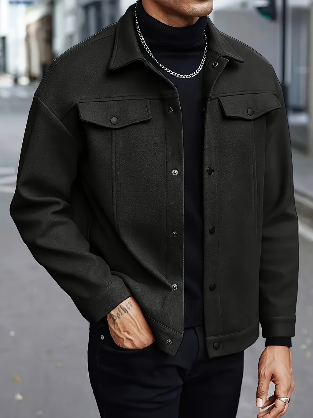 Men’s Classic Black Bomber Jacket – Loose Fit Button-Up Fall/Winter Outerwear