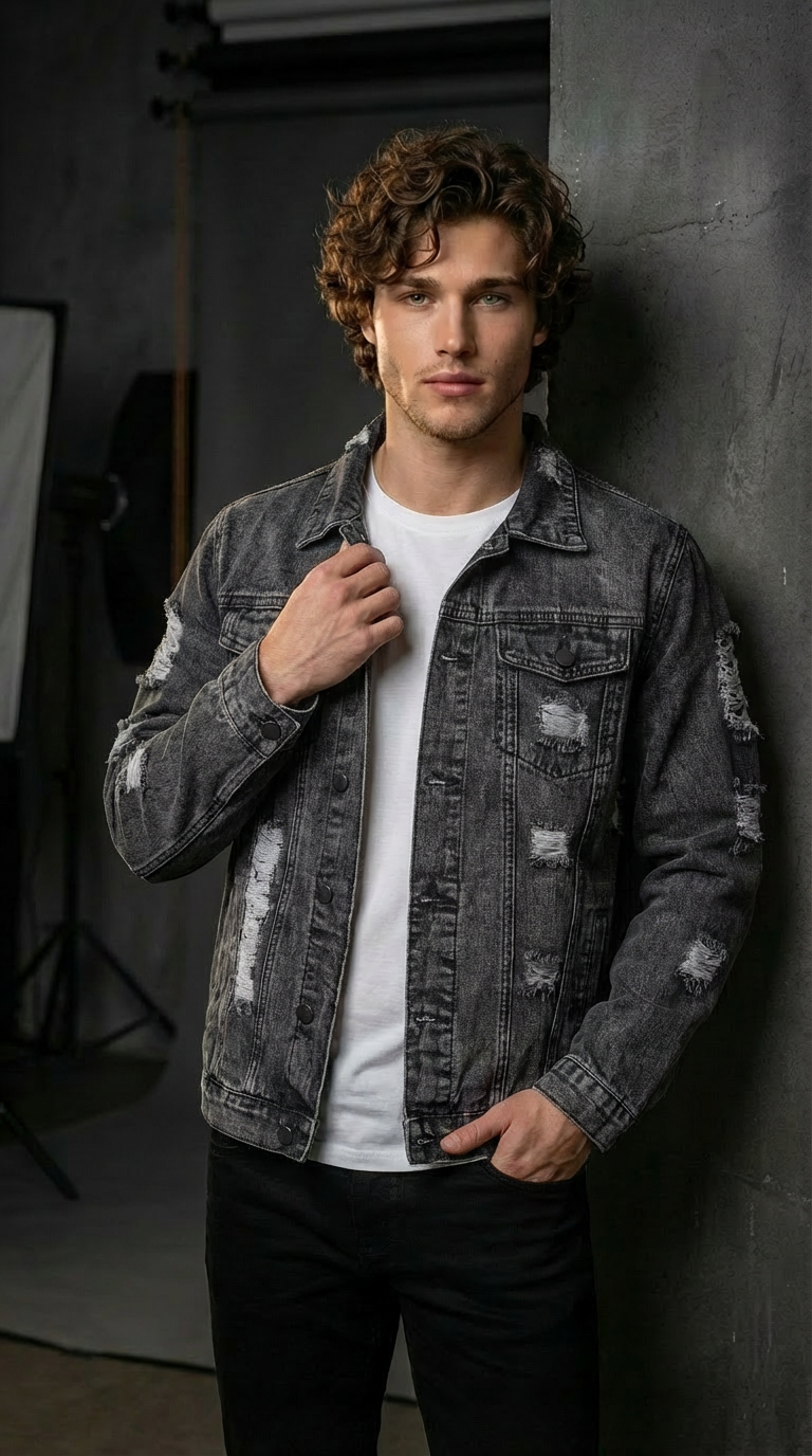 Men’s Distressed Slim-Fit Denim Jacket – Frayed Streetwear Workwear