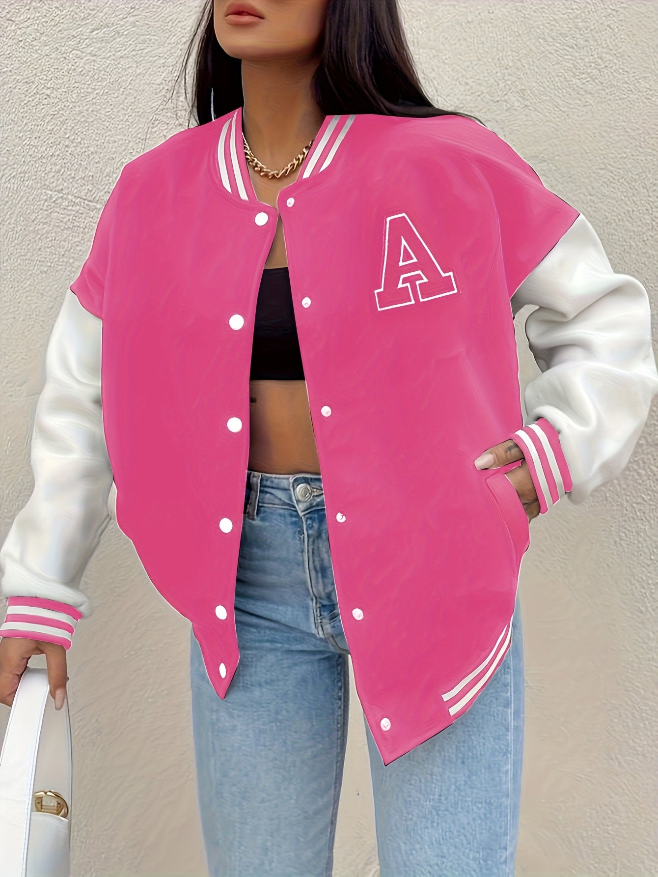 Women’s Black & Beige Letter A Baseball Jacket – Button-Up, Functional Pockets, Fall/Winter Outerwear