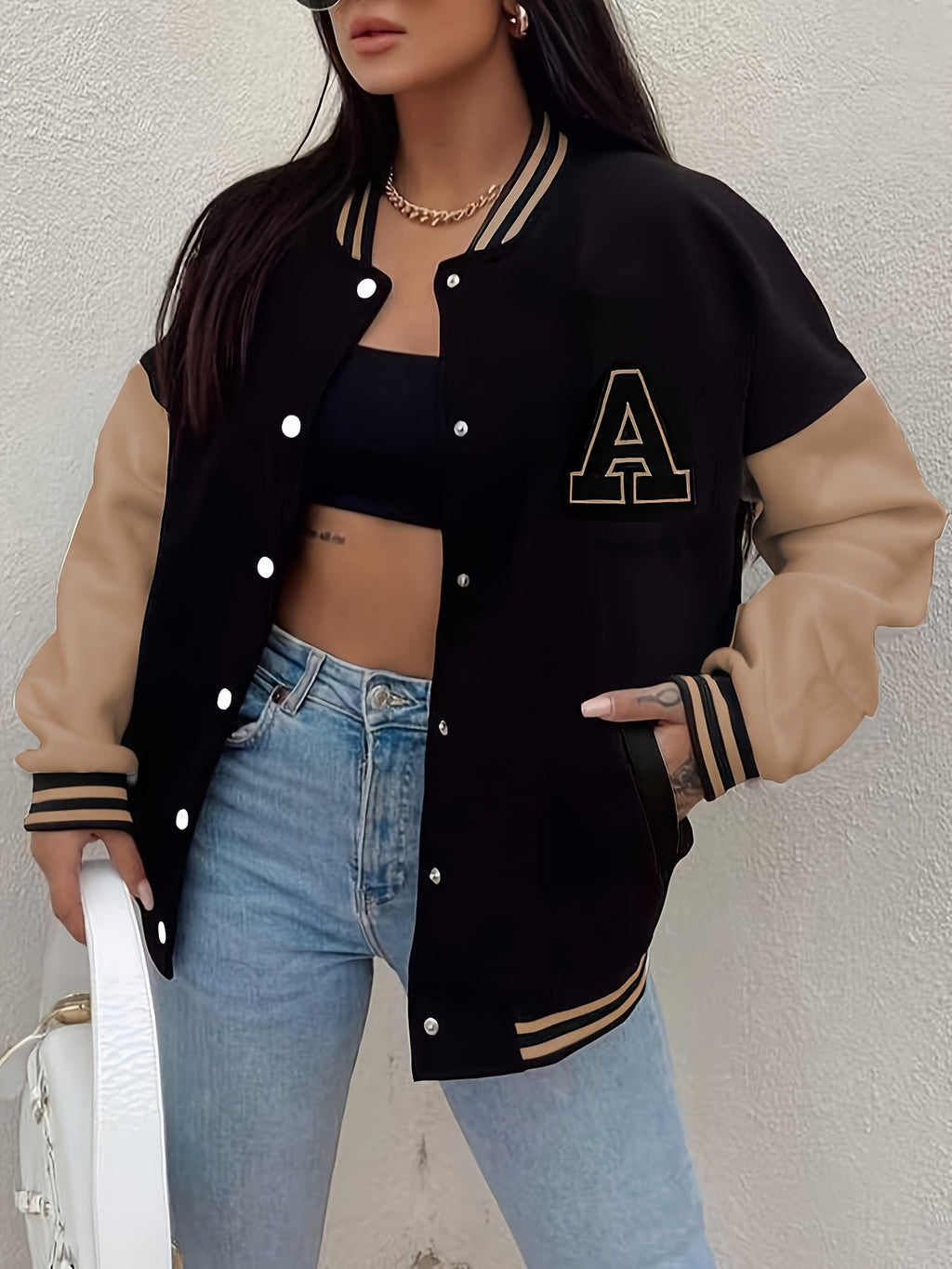Women’s Black & Beige Letter A Baseball Jacket – Button-Up, Functional Pockets, Fall/Winter Outerwear
