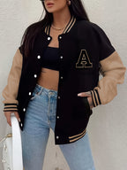 Women’s Black & Beige Letter A Baseball Jacket – Button-Up, Functional Pockets, Fall/Winter Outerwear