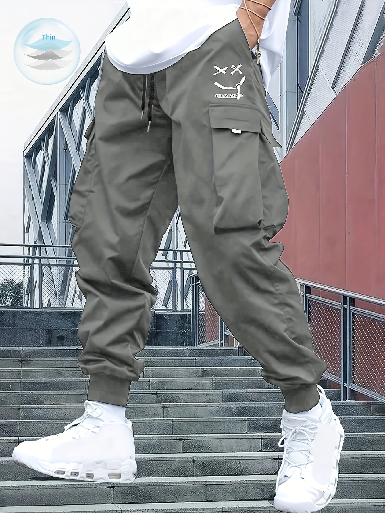 Men’s Street Style Oversized Footed Cargo Pants – Drawstring Waist, Spring/Fall Comfort